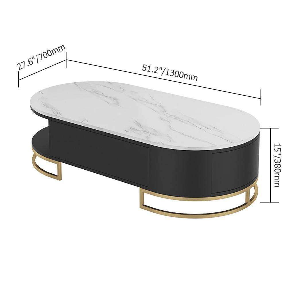 White Oval Storage Coffee Table with Drawers Stone Gold Base-Richsoul-Coffee Tables,Furniture,Living Room Furniture