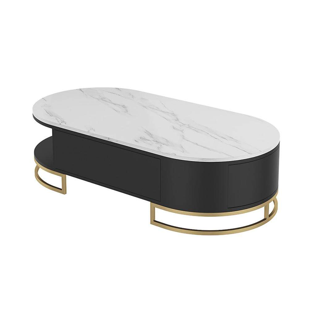 White Oval Storage Coffee Table with Drawers Stone Gold Base-Richsoul-Coffee Tables,Furniture,Living Room Furniture