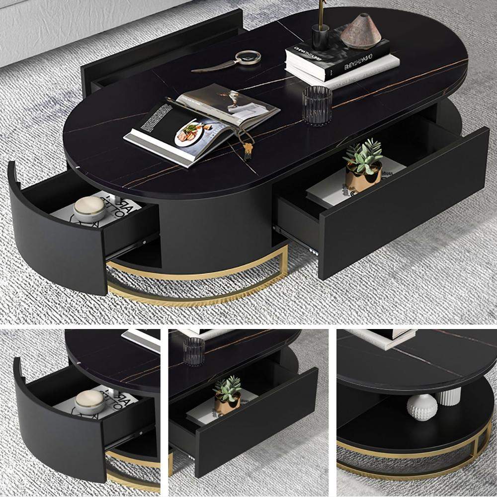 White Oval Storage Coffee Table with Drawers Stone Gold Base-Richsoul-Coffee Tables,Furniture,Living Room Furniture