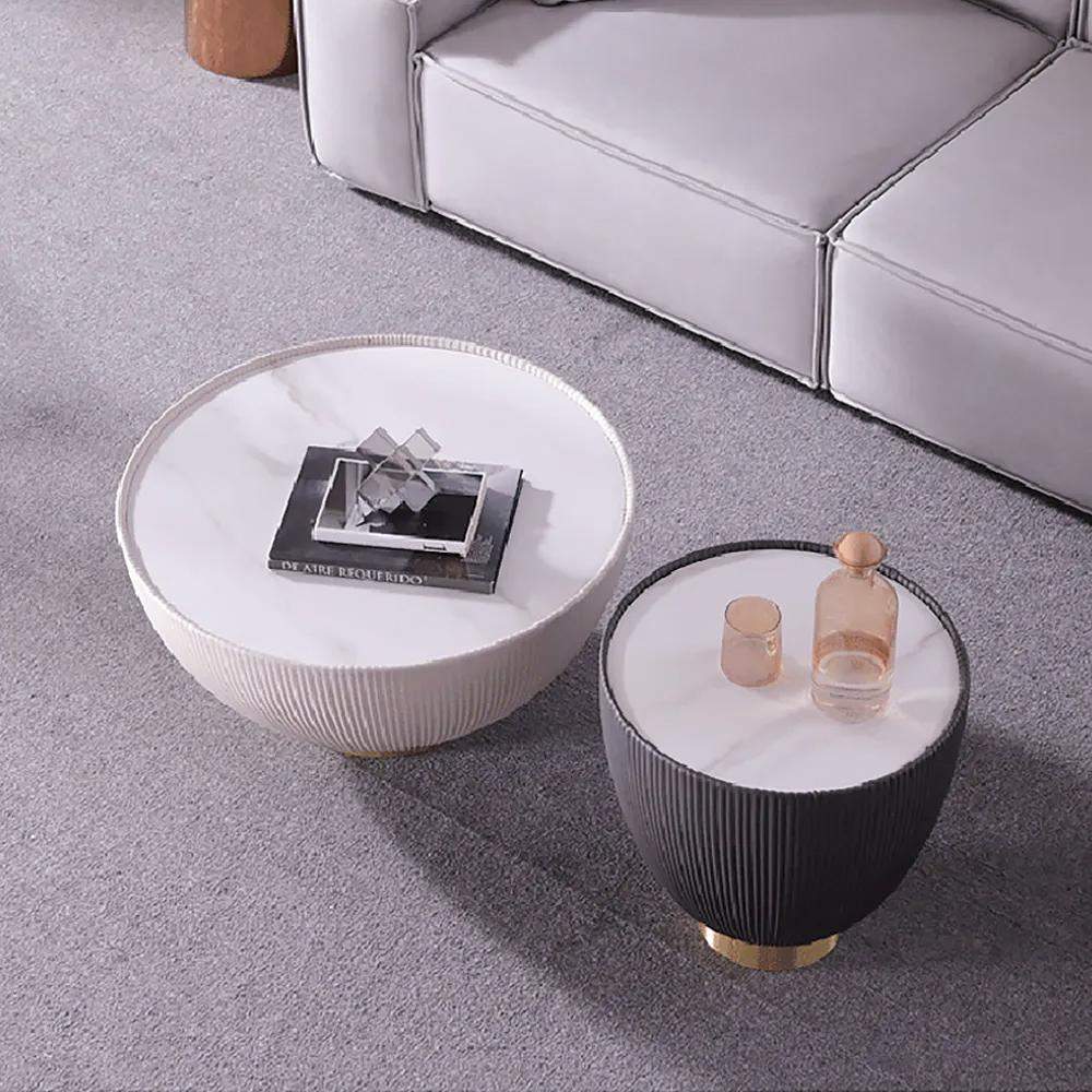 Beige Drum Coffee Table Stone Round PU-Leather Accent Table in Gold-Richsoul-Coffee Tables,Furniture,Living Room Furniture