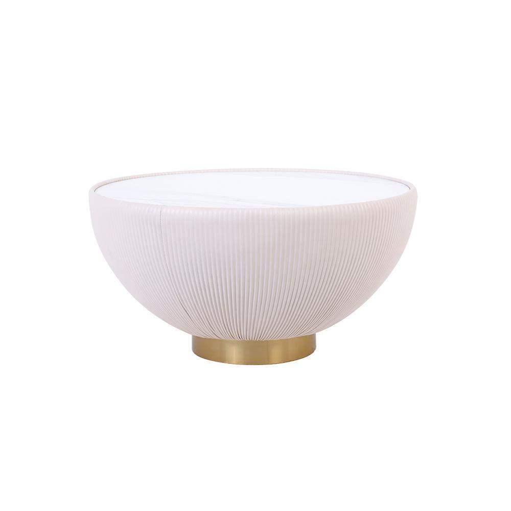 Beige Drum Coffee Table Stone Round PU-Leather Accent Table in Gold-Richsoul-Coffee Tables,Furniture,Living Room Furniture