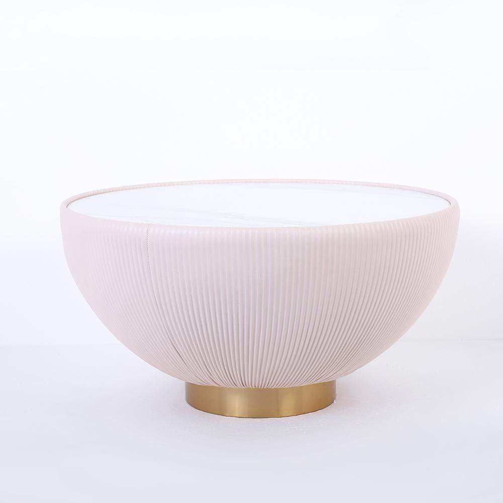 Beige Drum Coffee Table Stone Round PU-Leather Accent Table in Gold-Richsoul-Coffee Tables,Furniture,Living Room Furniture