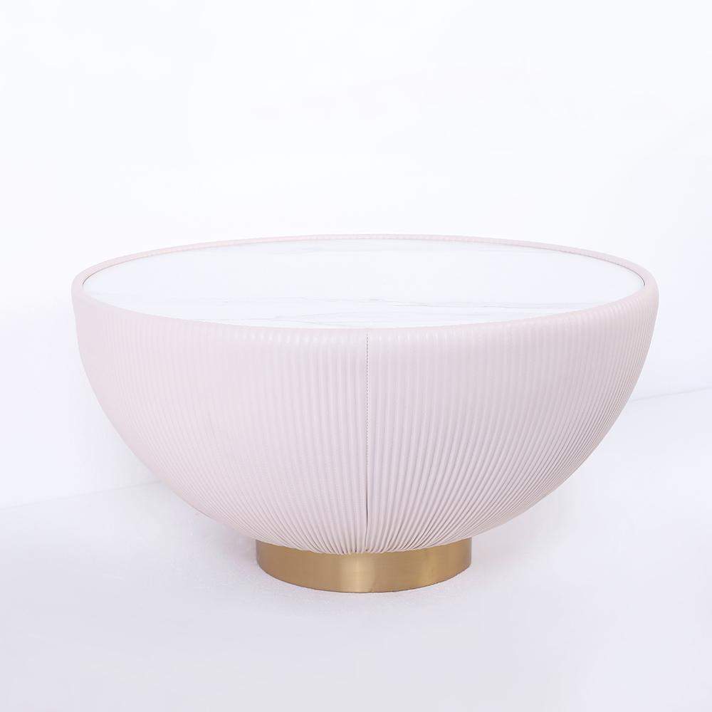 Beige Drum Coffee Table Stone Round PU-Leather Accent Table in Gold-Richsoul-Coffee Tables,Furniture,Living Room Furniture