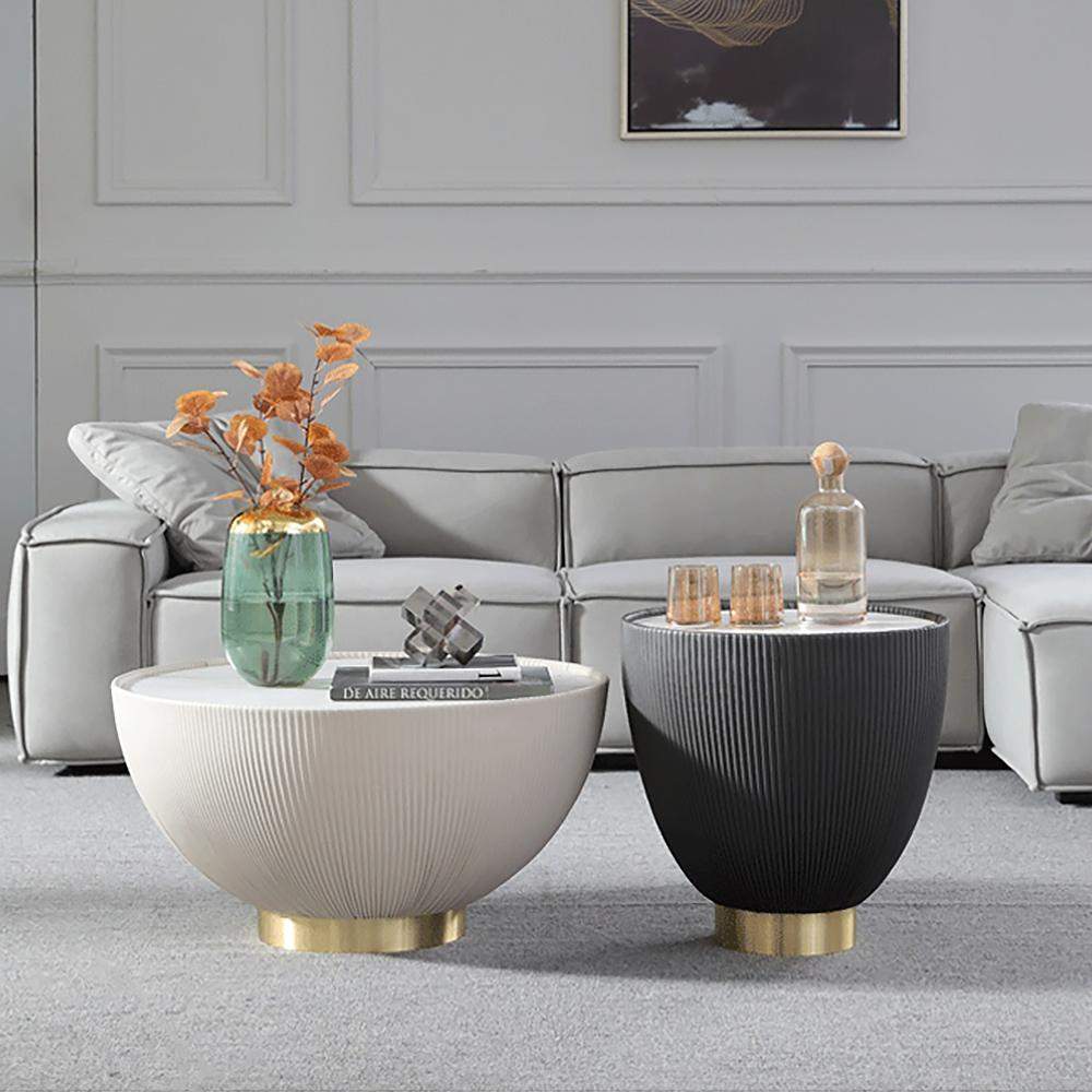 Beige Drum Coffee Table Stone Round PU-Leather Accent Table in Gold-Richsoul-Coffee Tables,Furniture,Living Room Furniture