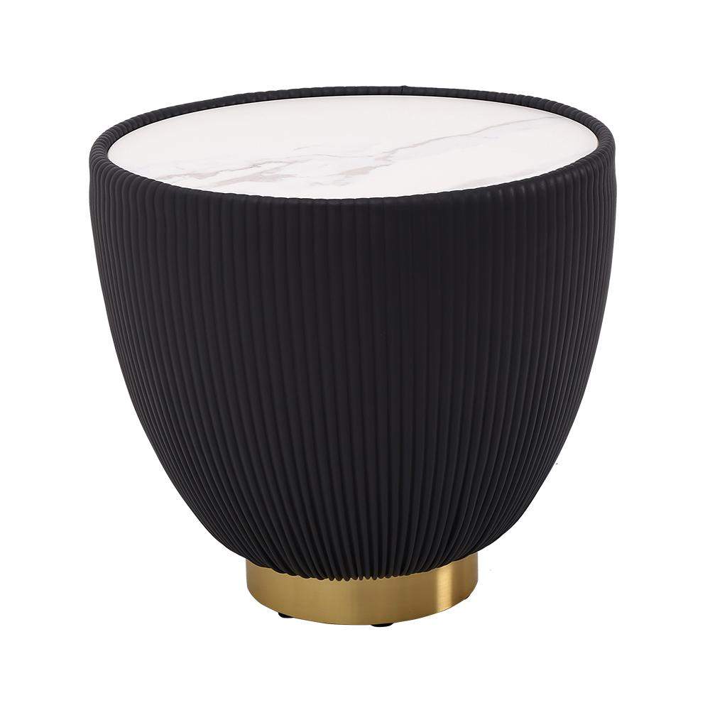 Beige Drum Coffee Table Stone Round PU-Leather Accent Table in Gold-Richsoul-Coffee Tables,Furniture,Living Room Furniture