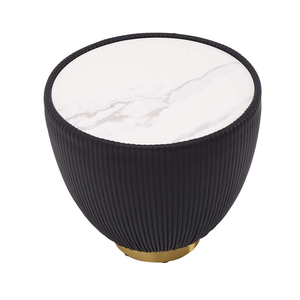Beige Drum Coffee Table Stone Round PU-Leather Accent Table in Gold-Richsoul-Coffee Tables,Furniture,Living Room Furniture