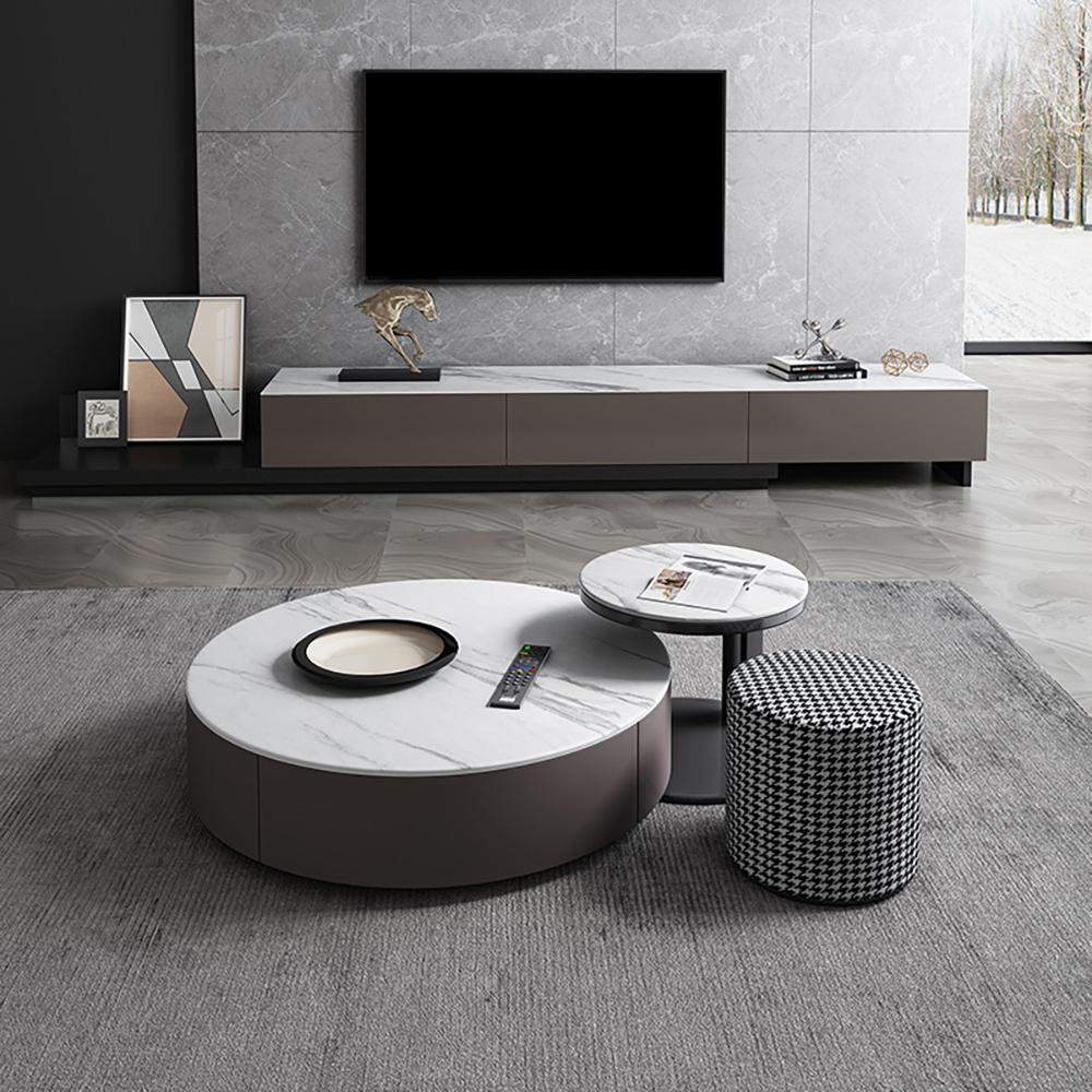 White Round Nesting Coffee Table with Houndstooth Stool Stone Accent Table-Richsoul-Coffee Tables,Furniture,Living Room Furniture