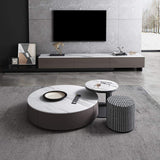 White Round Nesting Coffee Table with Houndstooth Stool Stone Accent Table-Richsoul-Coffee Tables,Furniture,Living Room Furniture
