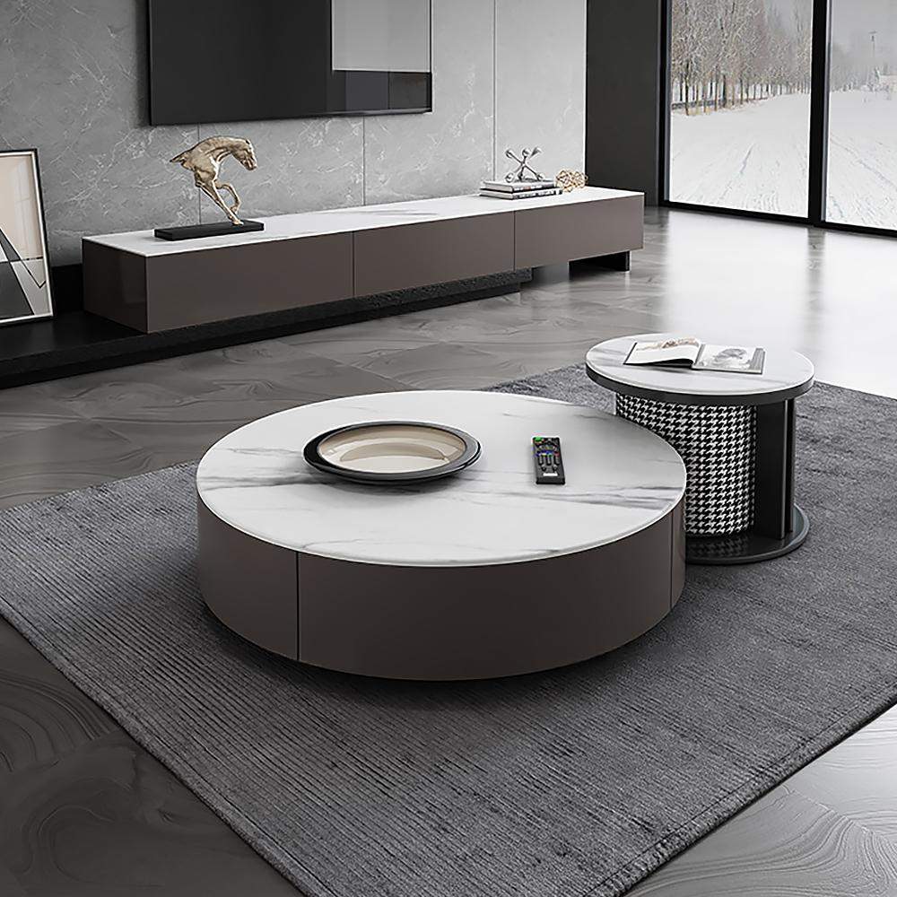 White Round Nesting Coffee Table with Houndstooth Stool Stone Accent Table-Richsoul-Coffee Tables,Furniture,Living Room Furniture