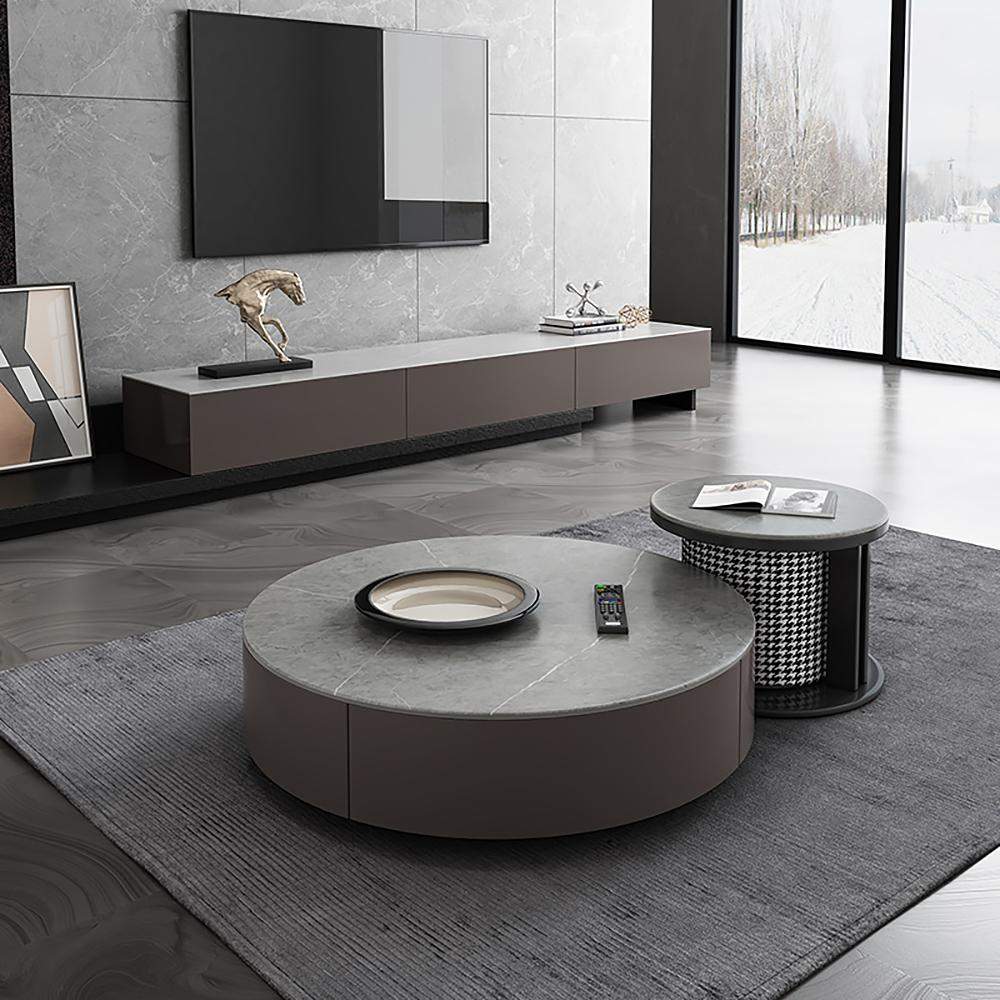 White Round Nesting Coffee Table with Houndstooth Stool Stone Accent Table-Richsoul-Coffee Tables,Furniture,Living Room Furniture