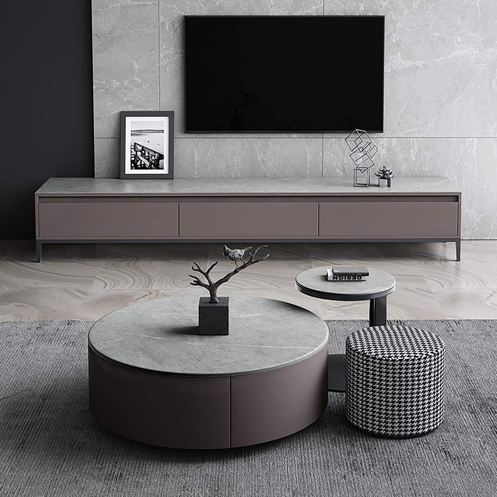 White Round Nesting Coffee Table with Houndstooth Stool Stone Accent Table-Richsoul-Coffee Tables,Furniture,Living Room Furniture