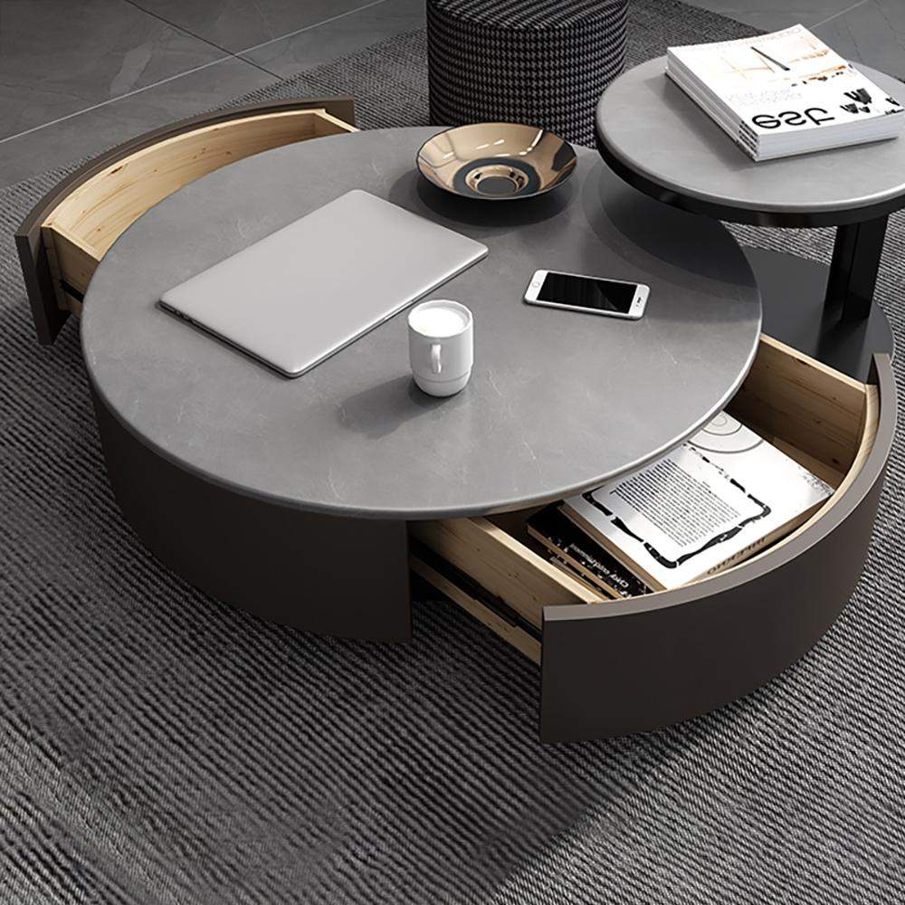 White Round Nesting Coffee Table with Houndstooth Stool Stone Accent Table-Richsoul-Coffee Tables,Furniture,Living Room Furniture