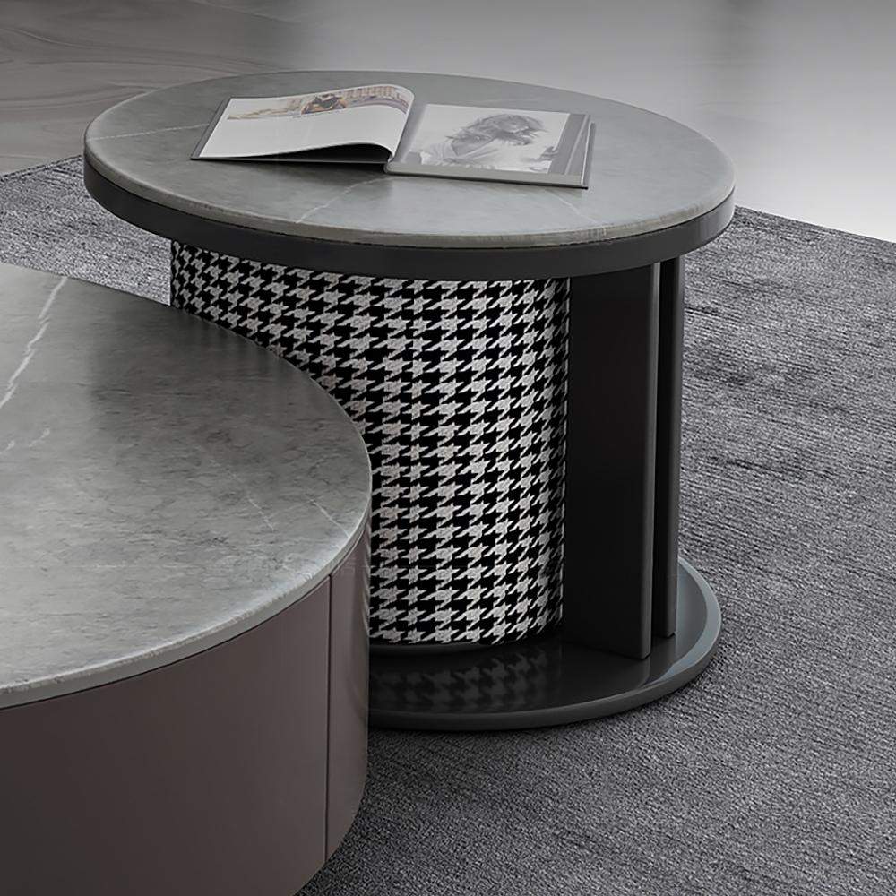 White Round Nesting Coffee Table with Houndstooth Stool Stone Accent Table-Richsoul-Coffee Tables,Furniture,Living Room Furniture