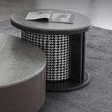 White Round Nesting Coffee Table with Houndstooth Stool Stone Accent Table-Richsoul-Coffee Tables,Furniture,Living Room Furniture