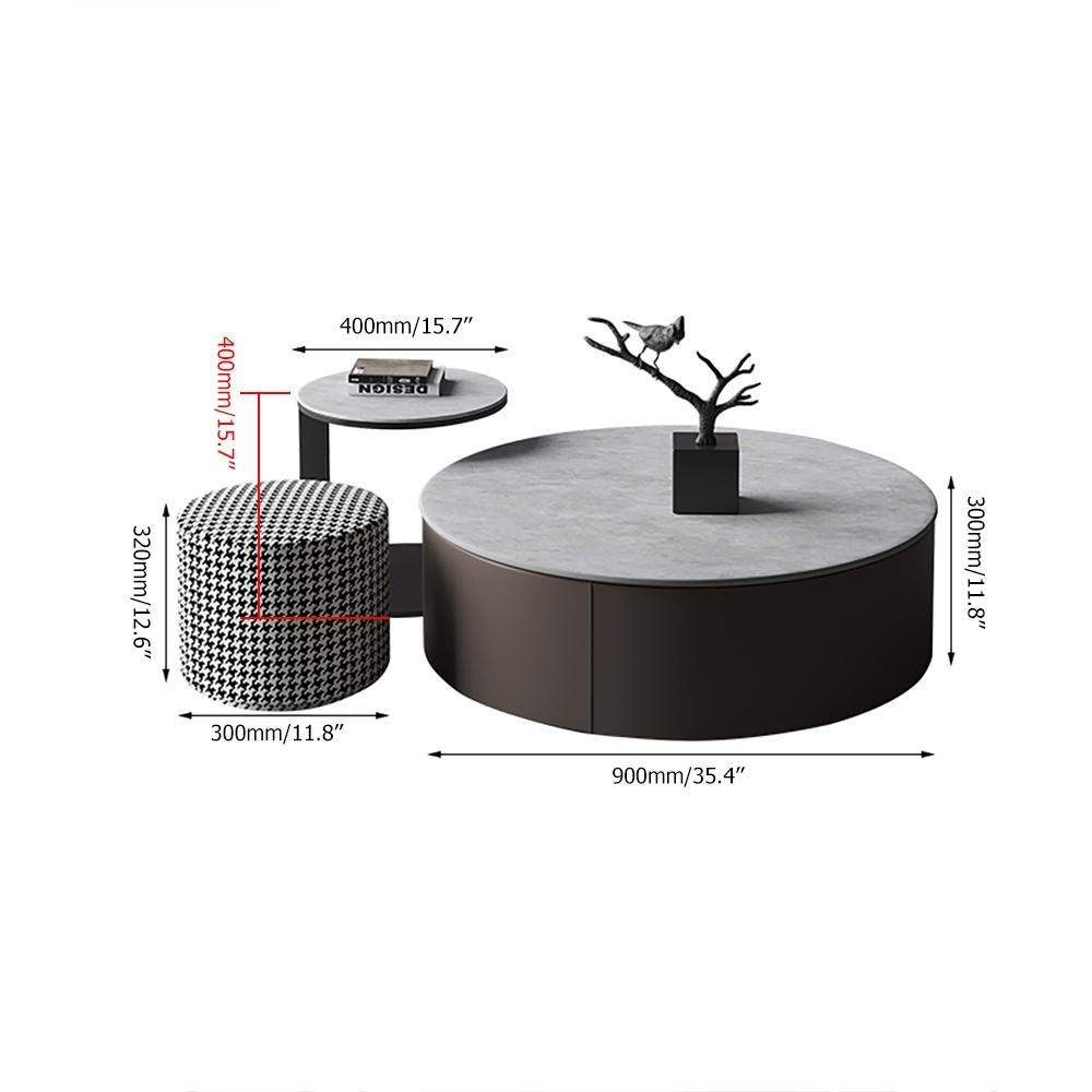 White Round Nesting Coffee Table with Houndstooth Stool Stone Accent Table-Richsoul-Coffee Tables,Furniture,Living Room Furniture