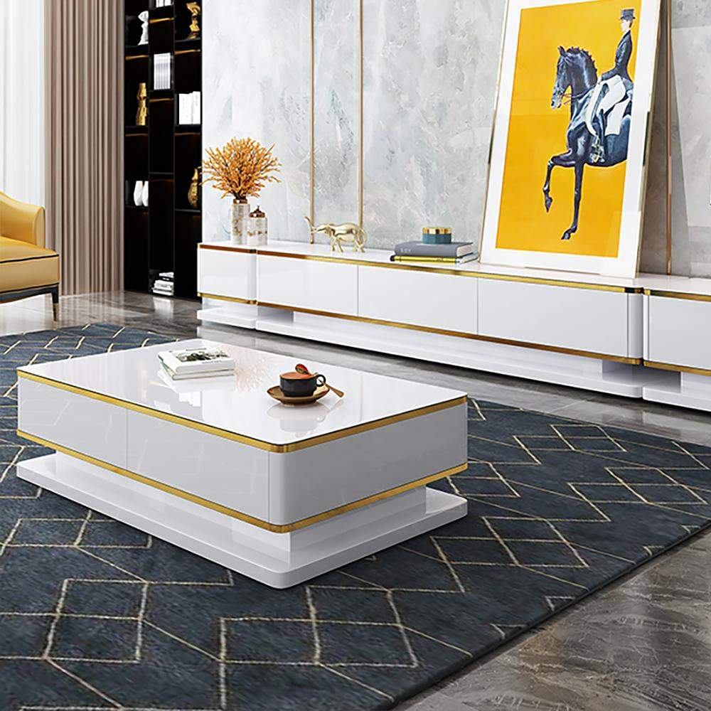51" White Rectangular Coffee Table with Storage 4 Drawers Tempered Glass Top-Richsoul-Coffee Tables,Furniture,Living Room Furniture