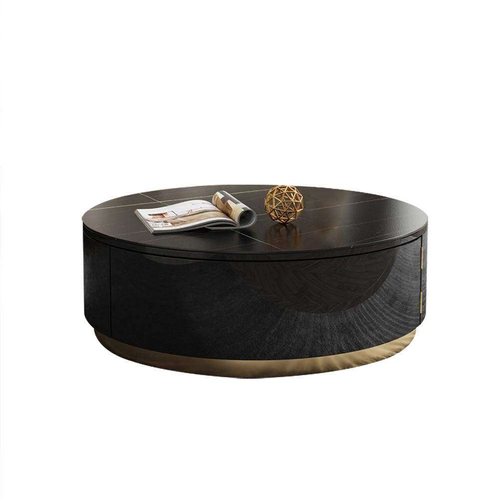 Black Round Coffee Table with Rotating Drawers Stone Top Stainless Steel Base-Richsoul-Coffee Tables,Furniture,Living Room Furniture