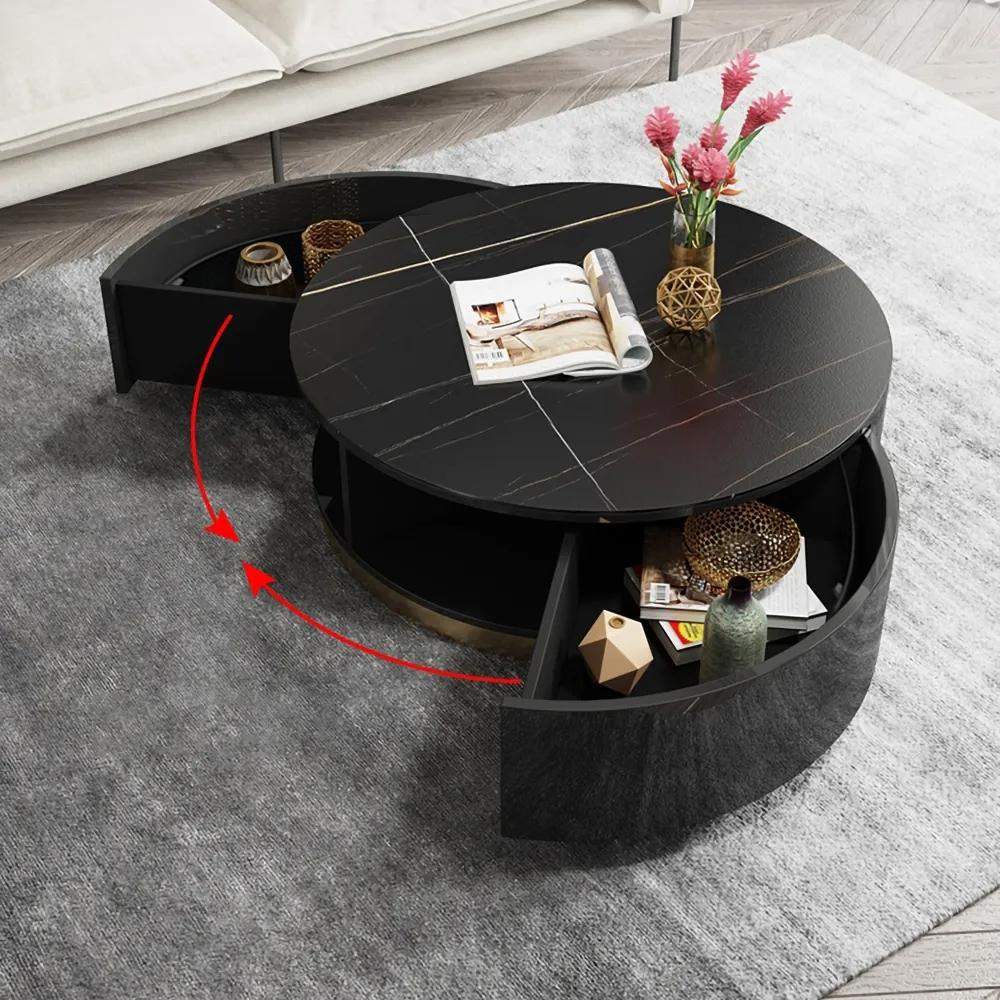 Black Round Coffee Table with Rotating Drawers Stone Top Stainless Steel Base-Richsoul-Coffee Tables,Furniture,Living Room Furniture