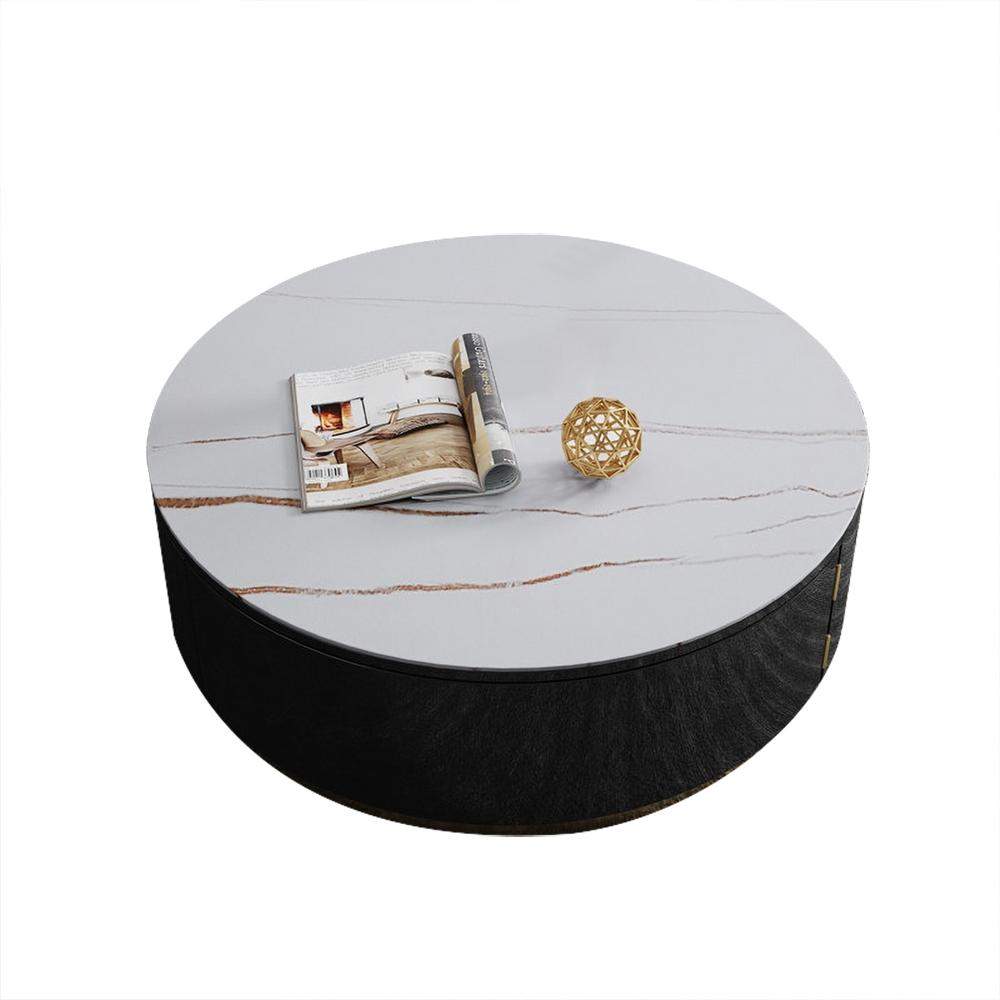 Black Round Coffee Table with Rotating Drawers Stone Top Stainless Steel Base-Richsoul-Coffee Tables,Furniture,Living Room Furniture