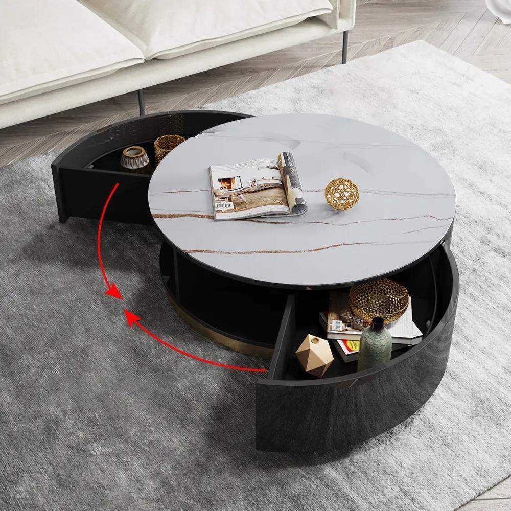 Black Round Coffee Table with Rotating Drawers Stone Top Stainless Steel Base-Richsoul-Coffee Tables,Furniture,Living Room Furniture
