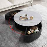 Black Round Coffee Table with Rotating Drawers Stone Top Stainless Steel Base-Richsoul-Coffee Tables,Furniture,Living Room Furniture