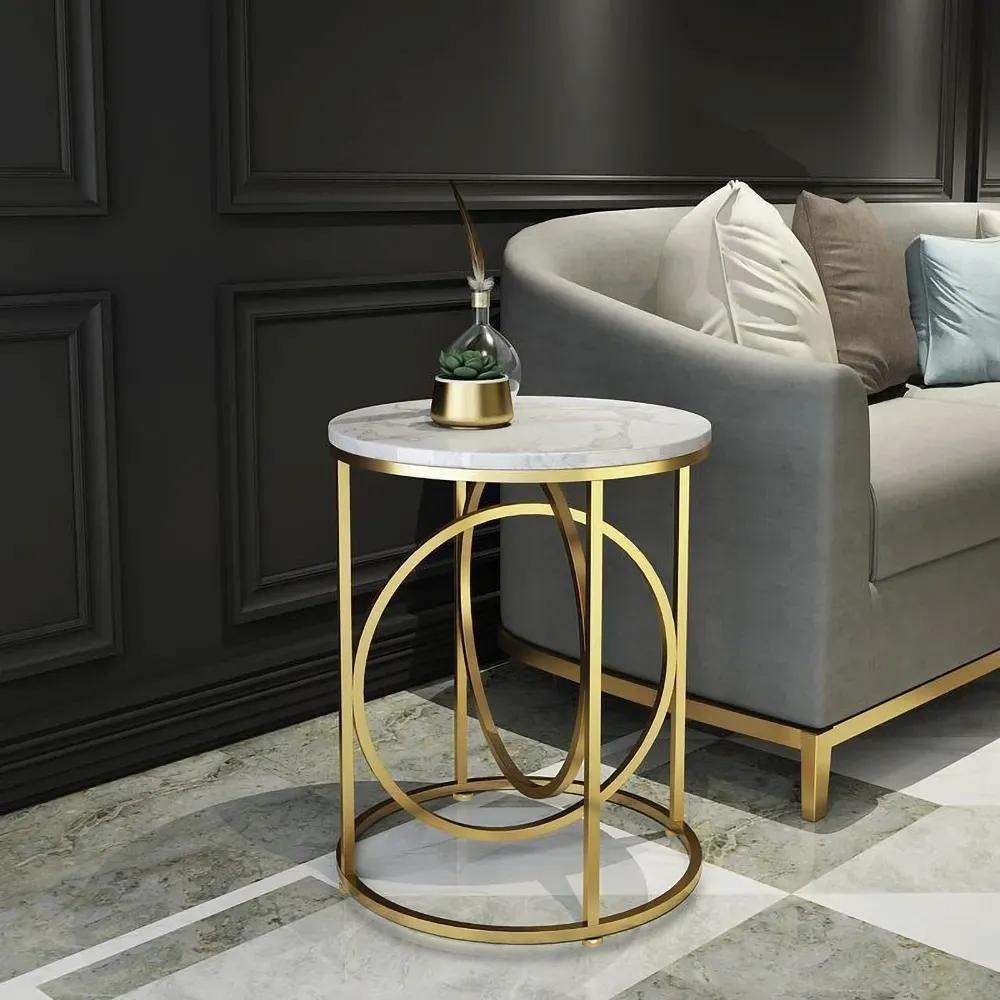White Round End Table Marble Top Side Table Metal in Gold-Richsoul-End & Side Tables,Furniture,Living Room Furniture
