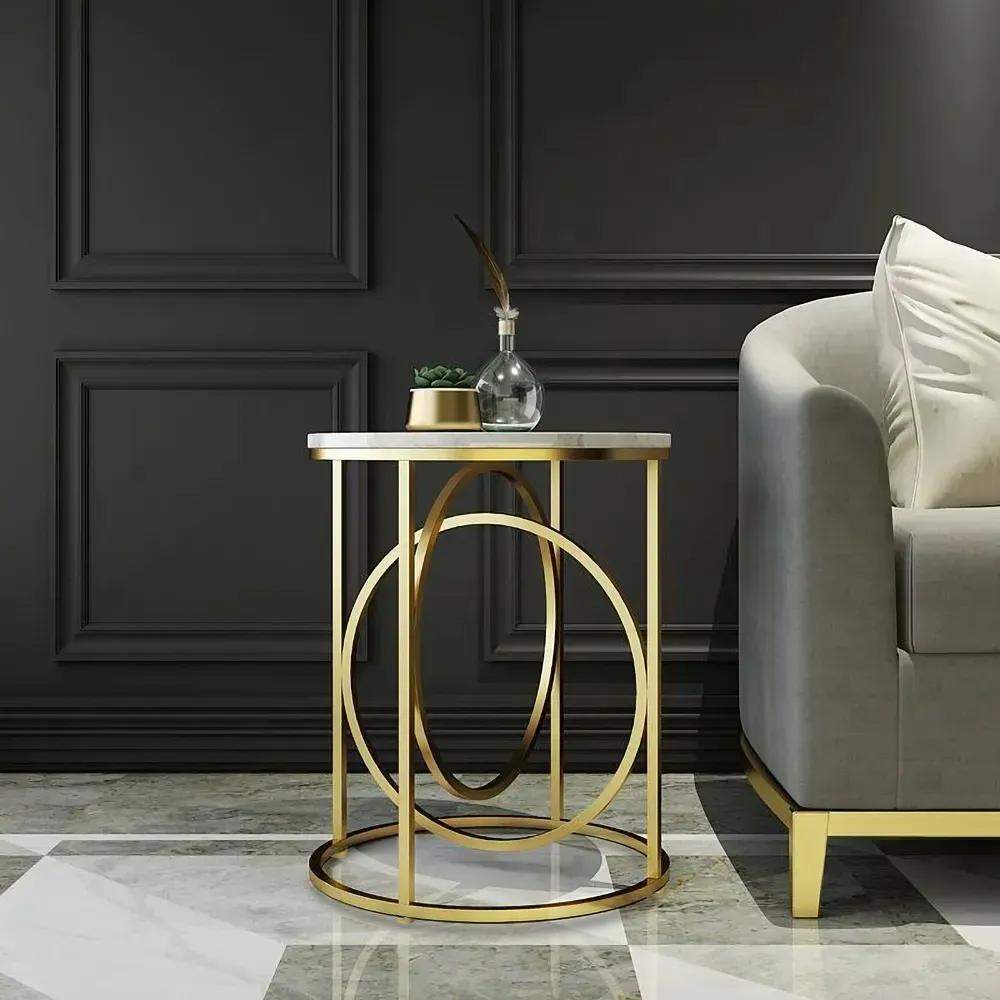 White Round End Table Marble Top Side Table Metal in Gold-Richsoul-End & Side Tables,Furniture,Living Room Furniture