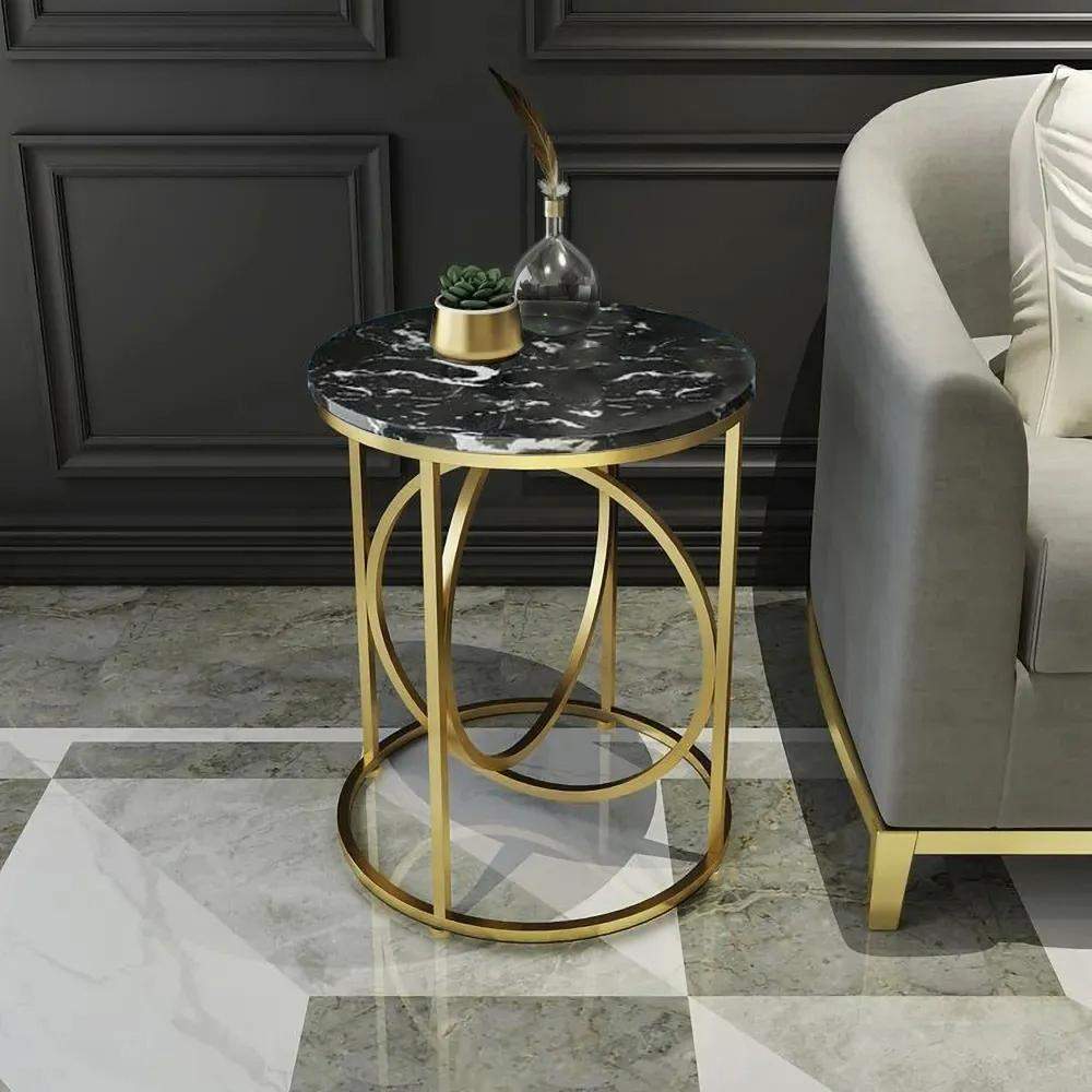 White Round End Table Marble Top Side Table Metal in Gold-Richsoul-End & Side Tables,Furniture,Living Room Furniture