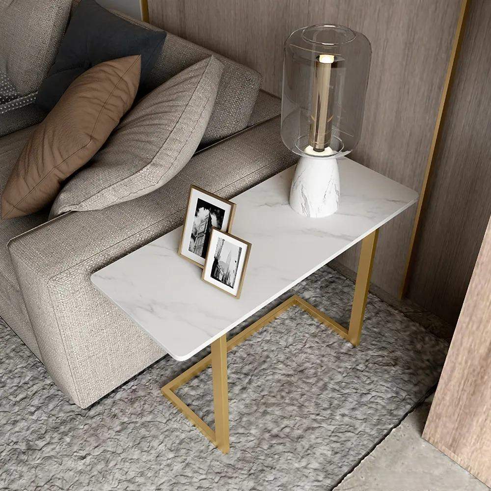 White End Table with Stone Tabletop Rectangular Side Table-Richsoul-End & Side Tables,Furniture,Living Room Furniture