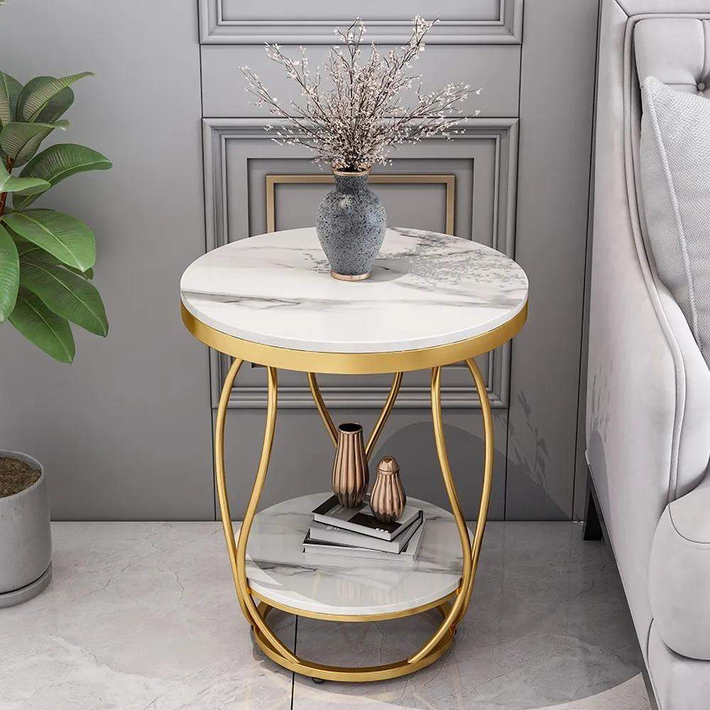 White Round Side Table with Storage Marble Top Metal Frame-Richsoul-End & Side Tables,Furniture,Living Room Furniture