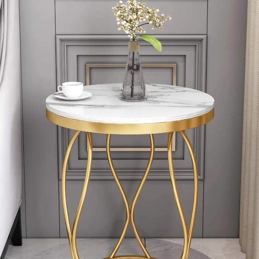 White Round Side Table with Storage Marble Top Metal Frame-Richsoul-End & Side Tables,Furniture,Living Room Furniture