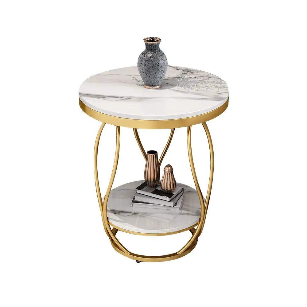 White Round Side Table with Storage Marble Top Metal Frame-Richsoul-End & Side Tables,Furniture,Living Room Furniture