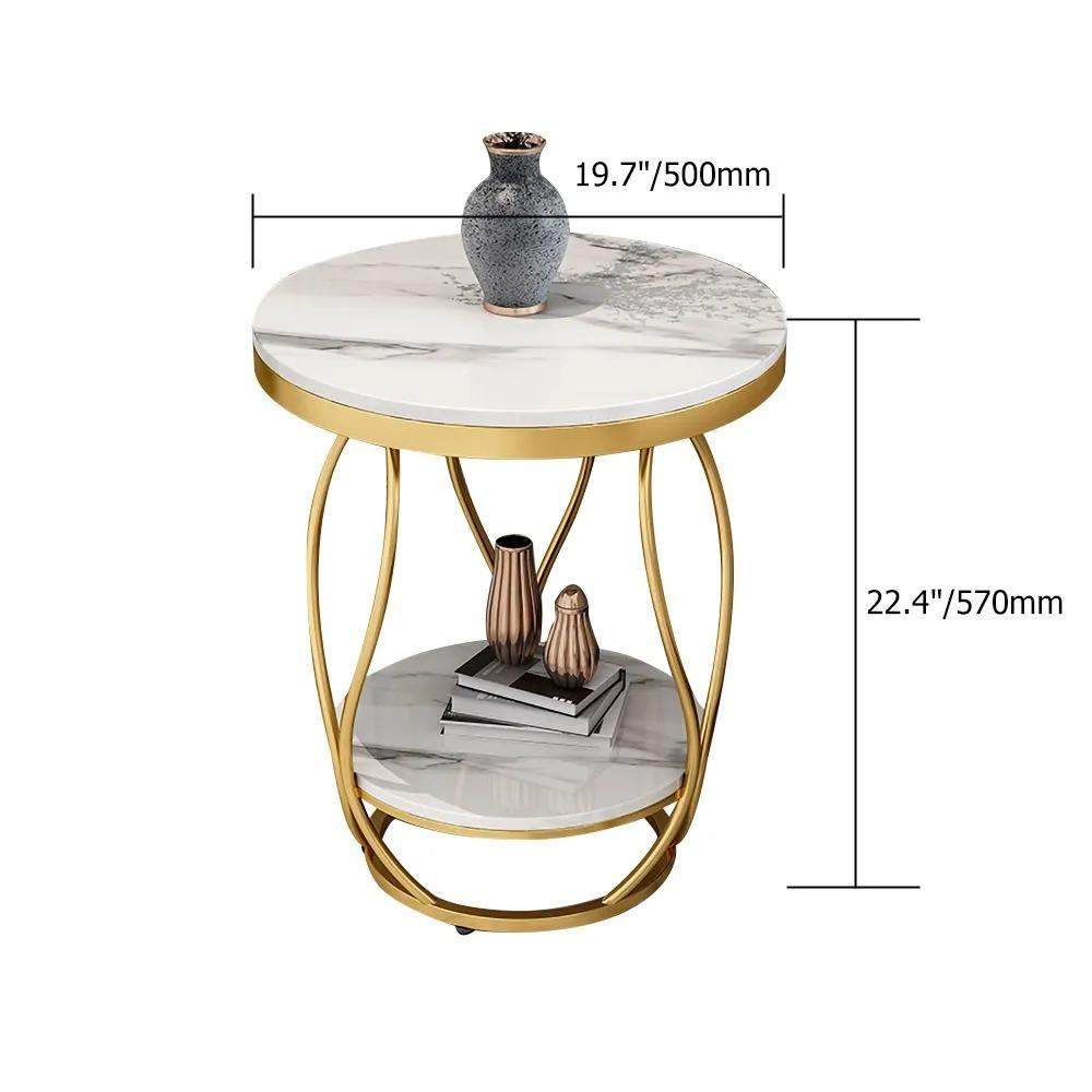 White Round Side Table with Storage Marble Top Metal Frame-Richsoul-End & Side Tables,Furniture,Living Room Furniture