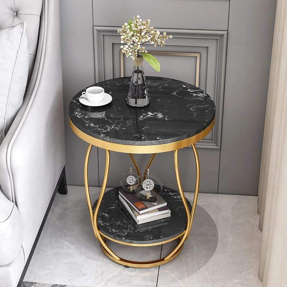 White Round Side Table with Storage Marble Top Metal Frame-Richsoul-End & Side Tables,Furniture,Living Room Furniture
