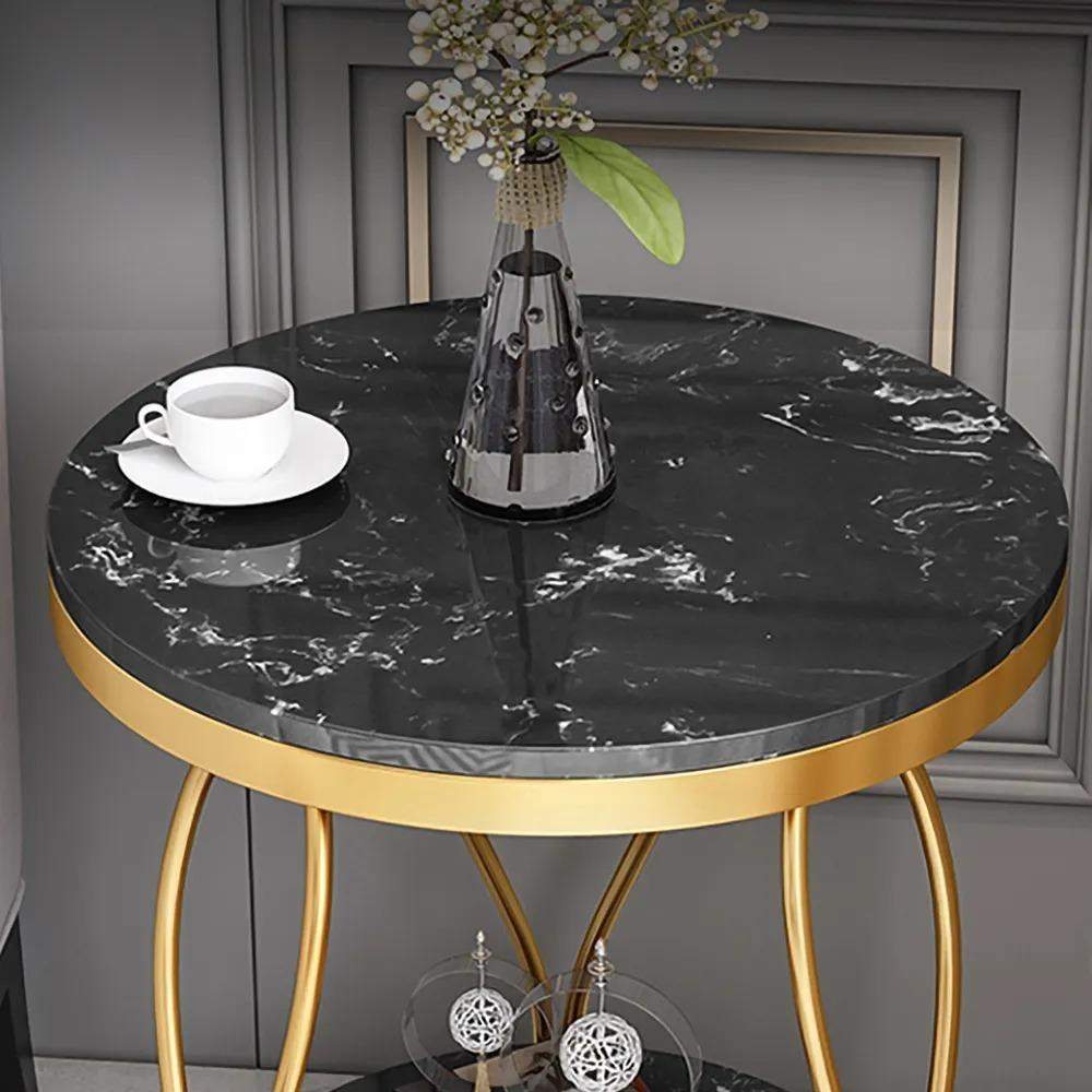White Round Side Table with Storage Marble Top Metal Frame-Richsoul-End & Side Tables,Furniture,Living Room Furniture
