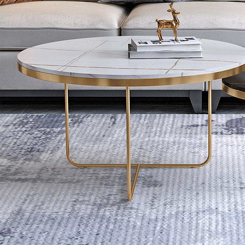 Modern Round Coffee Table Set with Stone 2-Piece Black&White-Richsoul-Coffee Tables,Furniture,Living Room Furniture