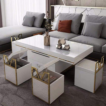 White Modern Lift Top Coffee Table Set with Storage & Stools Extendable Accent Table-Richsoul-Coffee Tables,Furniture,Living Room Furniture