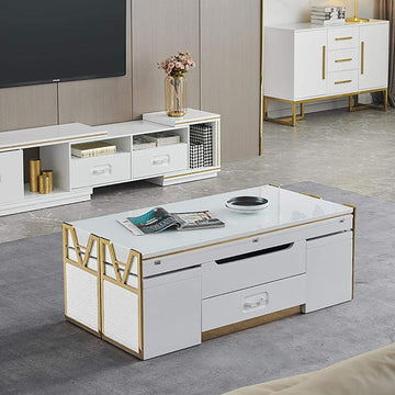 White Modern Lift Top Coffee Table Set with Storage & Stools Extendable Accent Table-Richsoul-Coffee Tables,Furniture,Living Room Furniture