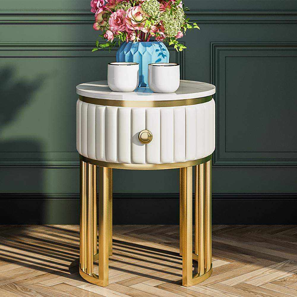 Modern End Table with Drawer Stone Top & Metal Frame Side Table in White-Richsoul-End & Side Tables,Furniture,Living Room Furniture