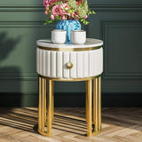 Elegant White Stone Top End Table with Metal Frame & Drawer