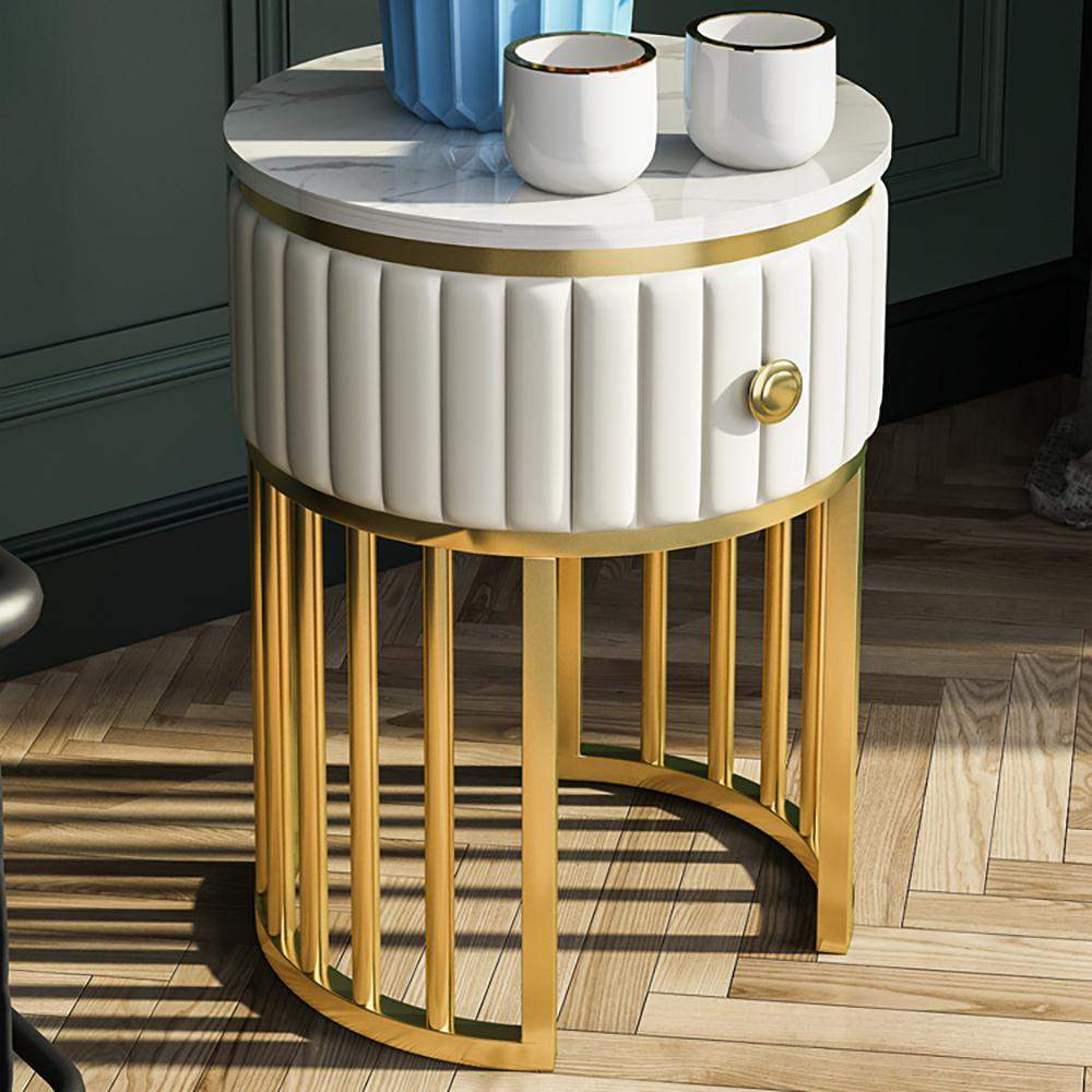 Modern End Table with Drawer Stone Top & Metal Frame Side Table in White-Richsoul-End & Side Tables,Furniture,Living Room Furniture