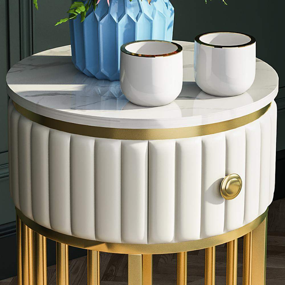Modern End Table with Drawer Stone Top & Metal Frame Side Table in White-Richsoul-End & Side Tables,Furniture,Living Room Furniture