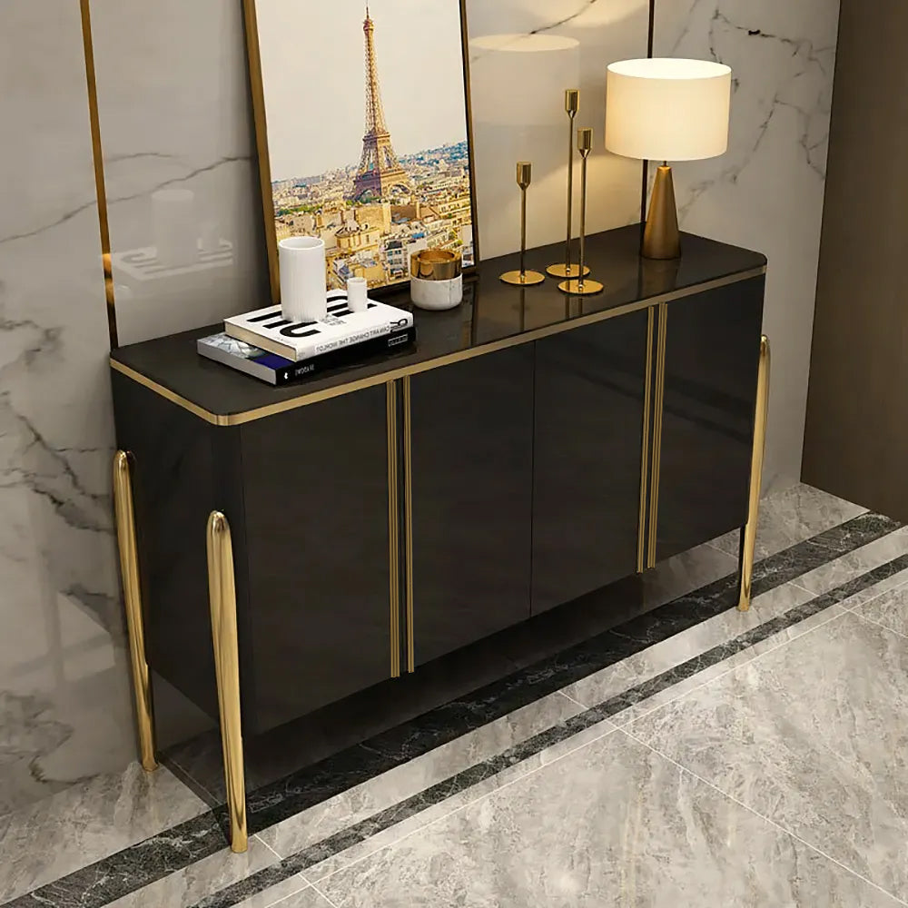 Modern Champagne Sideboard Buffet 4 Doors & Shelves Tempered Glass Top