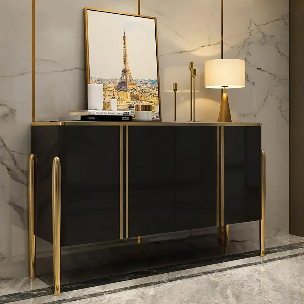Modern Champagne Sideboard Buffet 4 Doors & Shelves Tempered Glass Top
