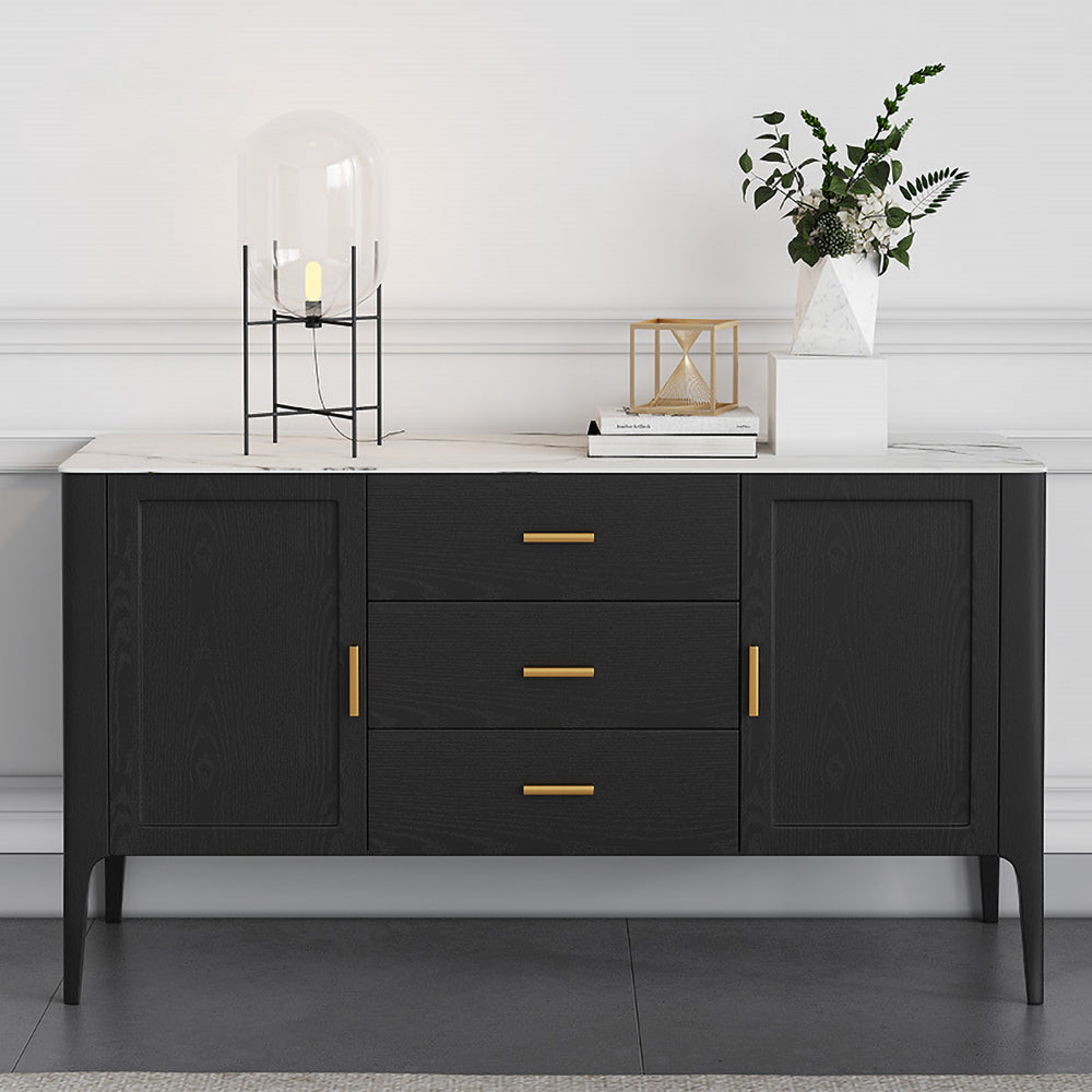 Modern Black Stone Top Buffet Drawers & Doors Kitchen Cabinet Gold Pull in Small