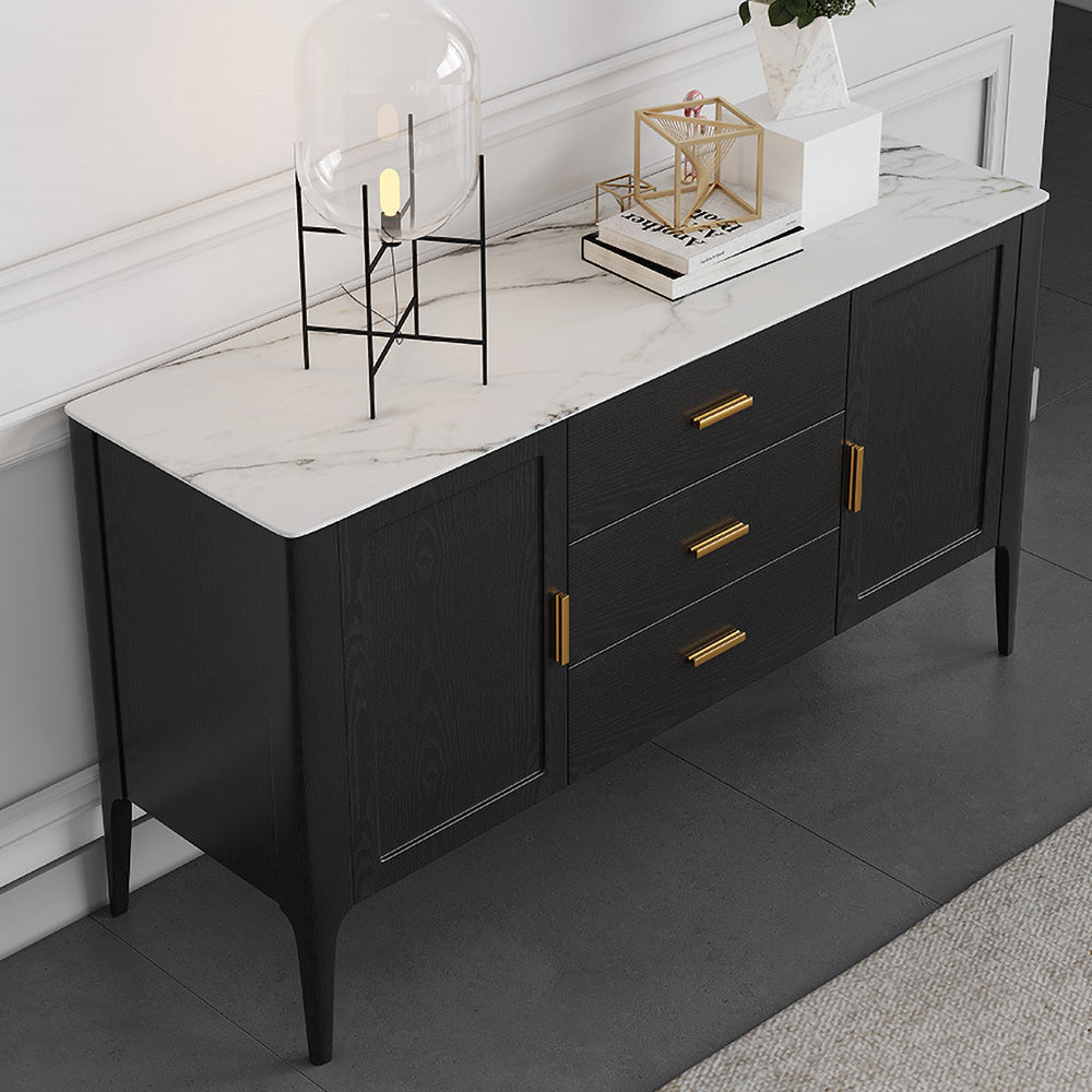 Modern Black Stone Top Buffet Drawers & Doors Kitchen Cabinet Gold Pull in Small