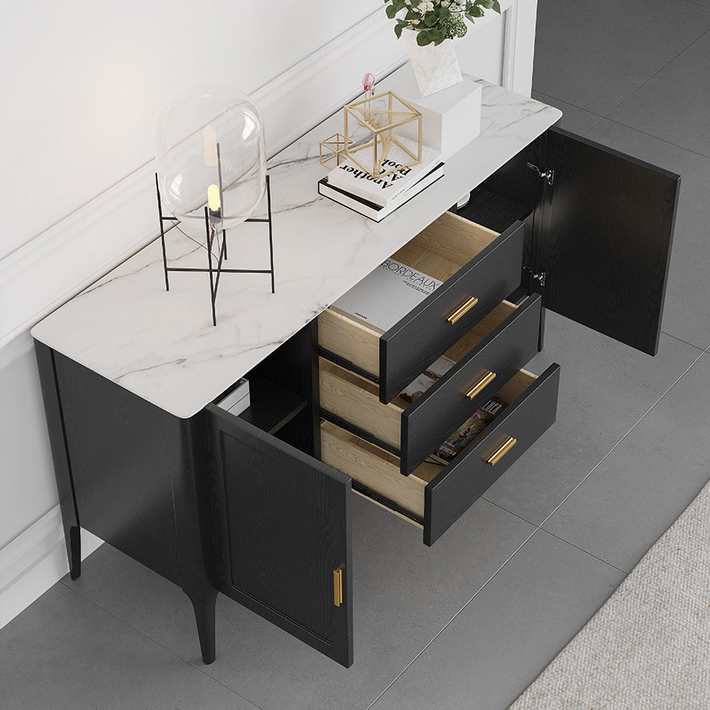 Modern Black Stone Top Buffet Drawers & Doors Kitchen Cabinet Gold Pull in Small
