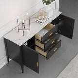 Modern Black Stone Top Buffet Drawers & Doors Kitchen Cabinet Gold Pull in Small