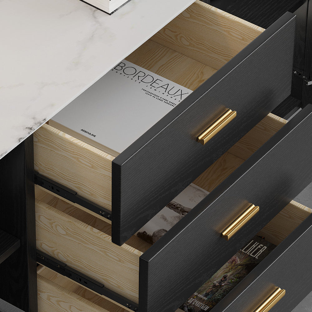 Modern Black Stone Top Buffet Drawers & Doors Kitchen Cabinet Gold Pull in Small