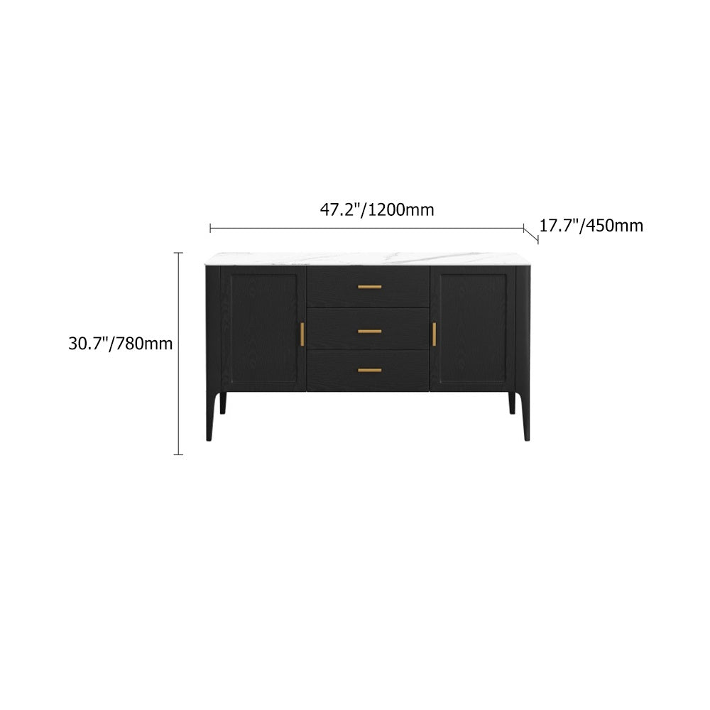 Modern Black Stone Top Buffet Drawers & Doors Kitchen Cabinet Gold Pull in Small